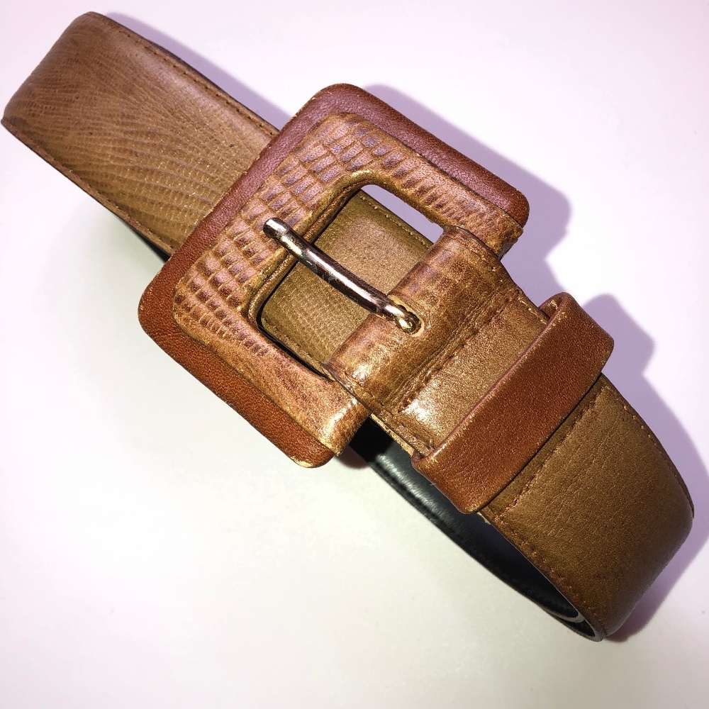 Brown Leather Textured Buckle Women's Belt